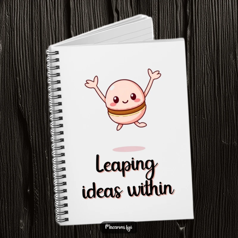 Funny Macaron Notebook: Joyful Kawaii macaron character leaping with arms outstretched happily, ideal for capturing exciting ideas.