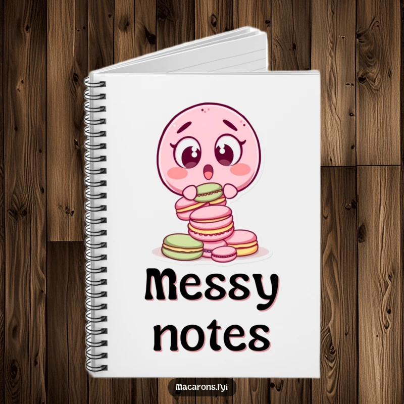 Funny surprised macaron character, wide-eyed, dropping macarons, featured in a humorous notebook design.
