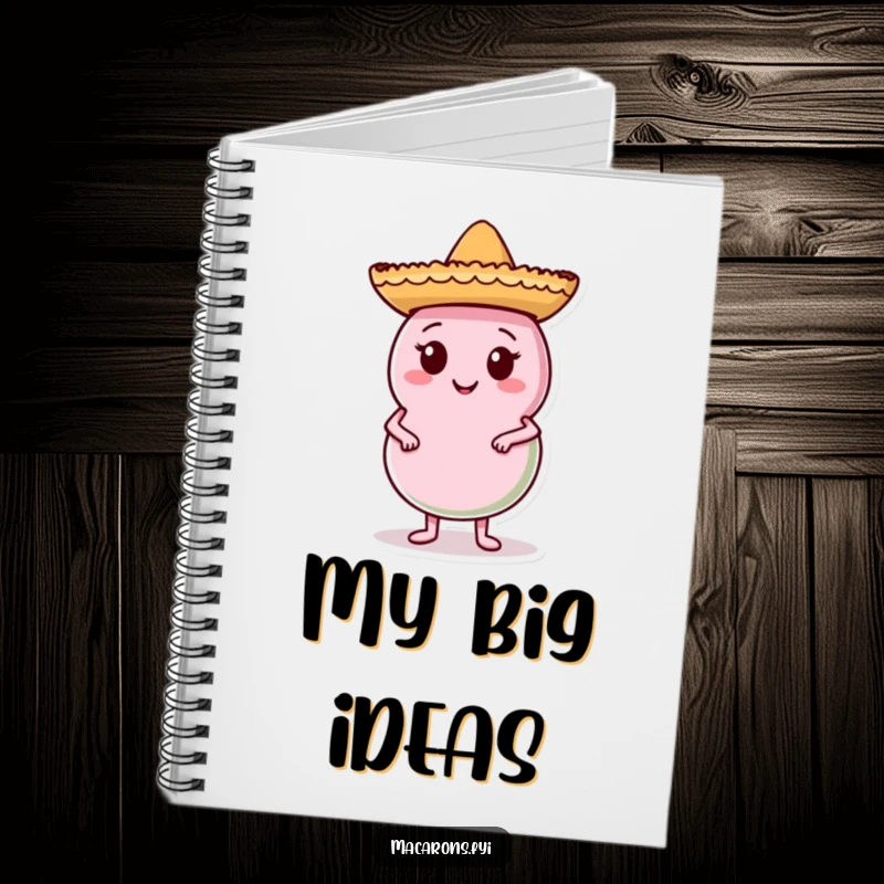 Funny Macaron Notebook featuring a macaron character with a sombrero, posing confidently, ideal for journaling, note-taking, and doodling with humor.