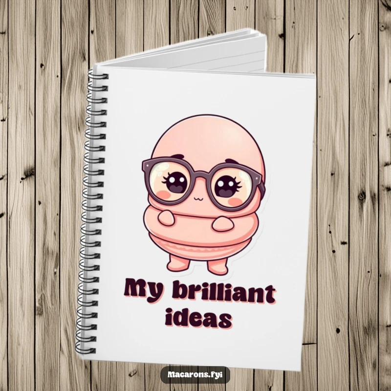 Funny macaron notebook with a thoughtful macaron character in oversized glasses, ideal for note-taking.