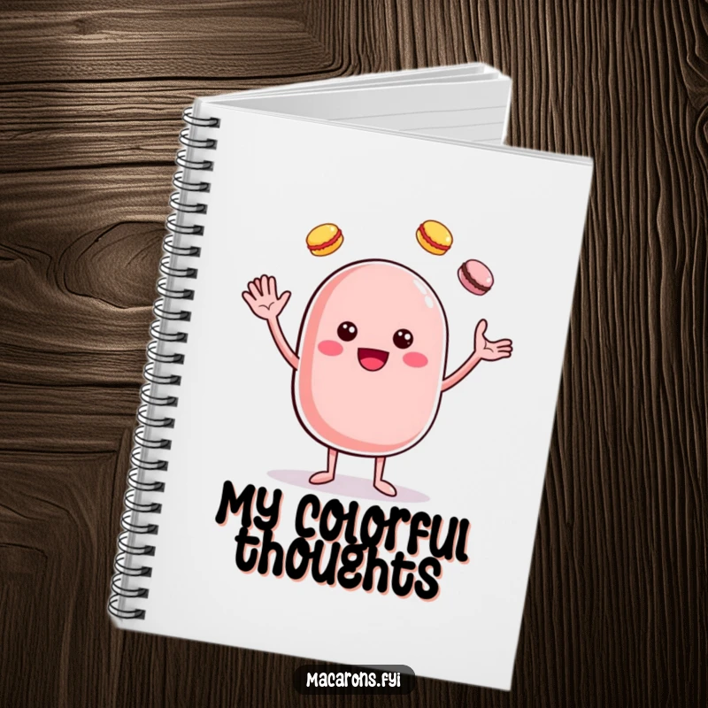 Funny cheerful macaron character juggling macarons, featured in a sweet and humorous notebook design.