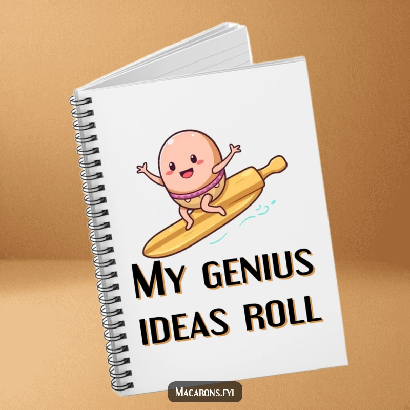 Funny Notebook: A macaron character surfs enthusiastically on a rolling pin surfboard, perfect for jotting down adventurous ideas.
