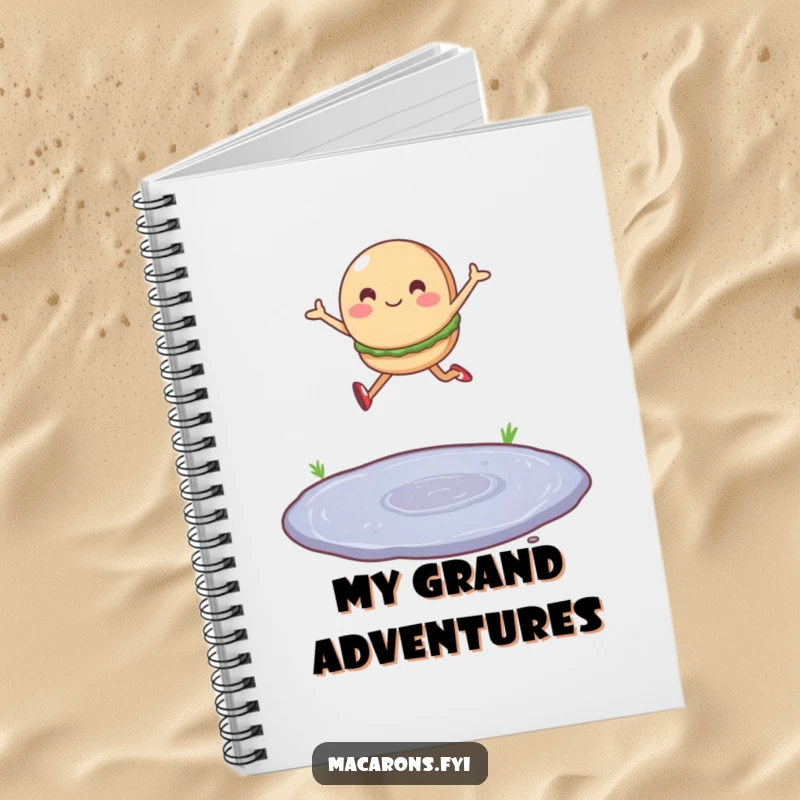 Funny notebook with a single macaron character leaping joyfully over a tiny puddle, inspiring optimistic note-taking.