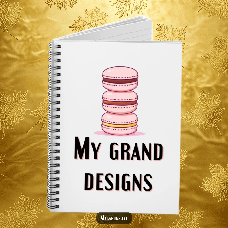 Funny notebook cover with a triumphant macaron masterfully stacking three smaller macarons, inspiring success and planning.