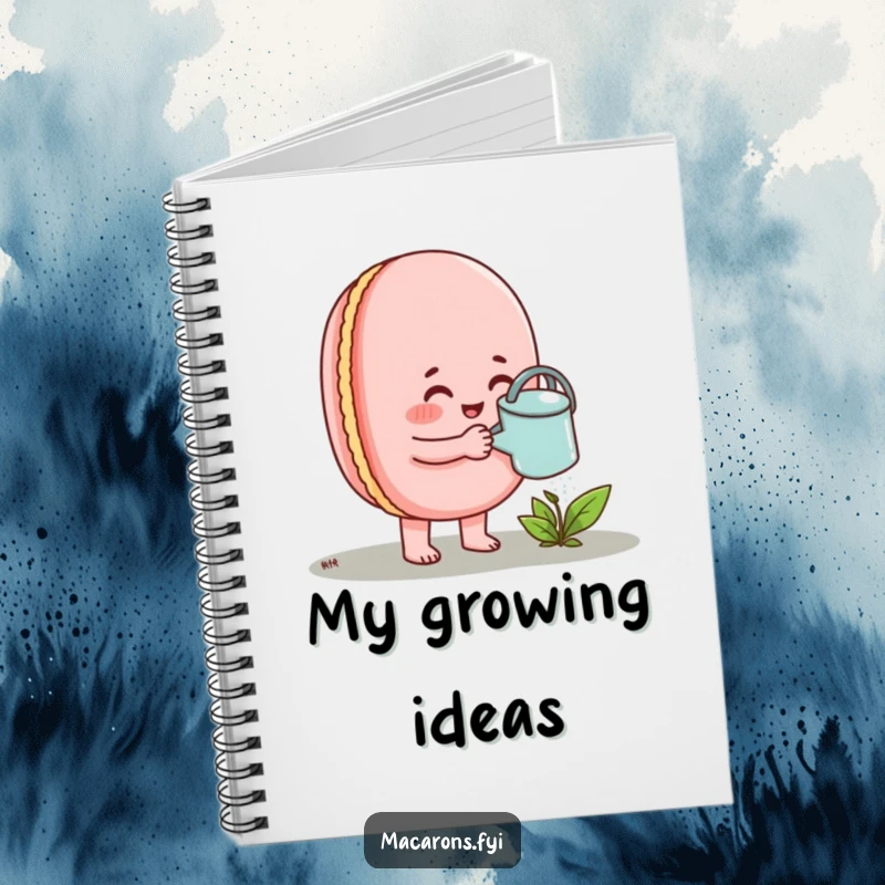 Funny Macaron Notebook featuring a cheerful macaron enthusiastically watering a small sprout.