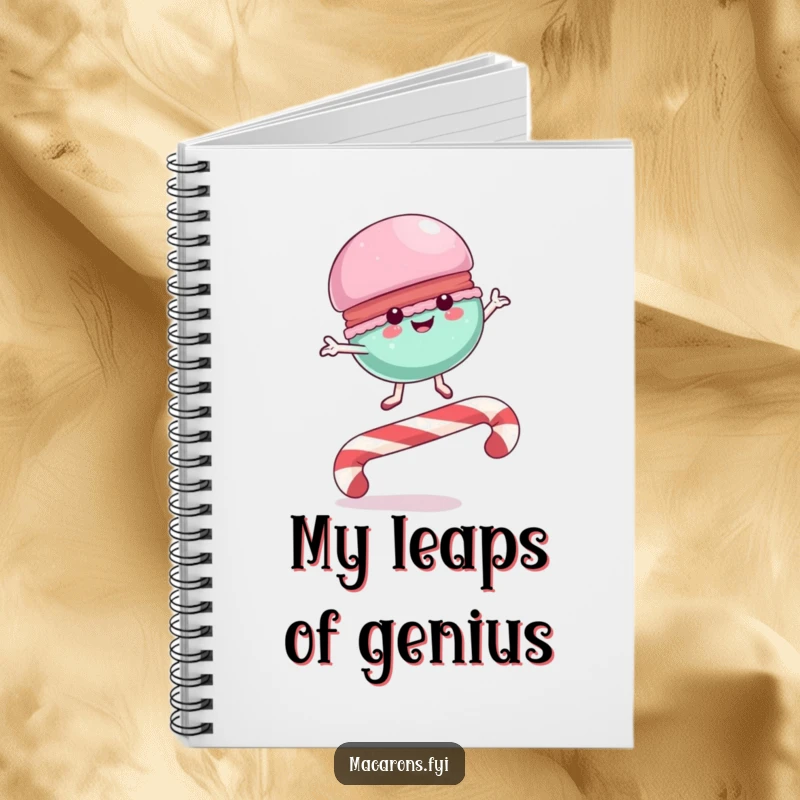Funny Notebook with a macaron character leaping over a candy cane, ideal for writing, planning adventures, and capturing sweet inspiration.