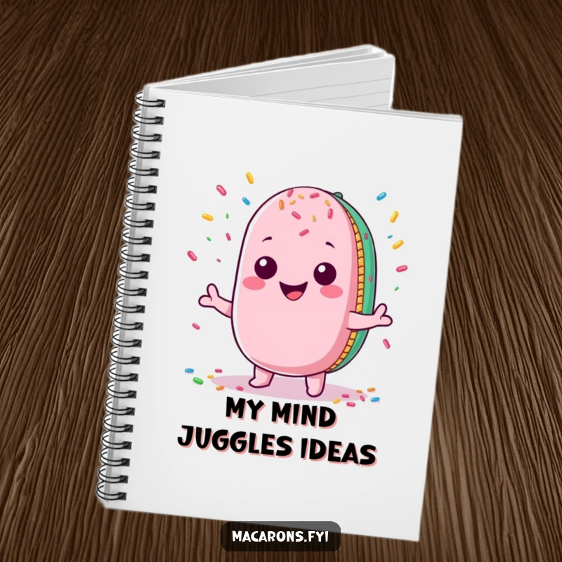 Funny Macaron Notebook: Adorable Kawaii macaron character with a big grin juggling colorful sprinkles, ideal for capturing thoughts.