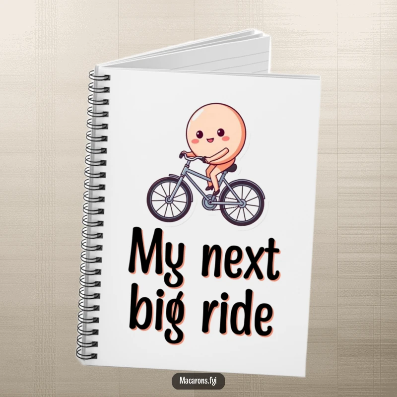 Funny macaron character on a tiny bicycle, pedaling with a determined and happy face, inside a handy notebook for all your thoughts.