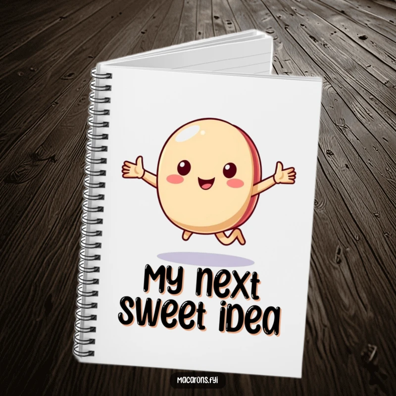 Funny macaron character running with arms wide open on the cover of a lined notebook, symbolizing joy.