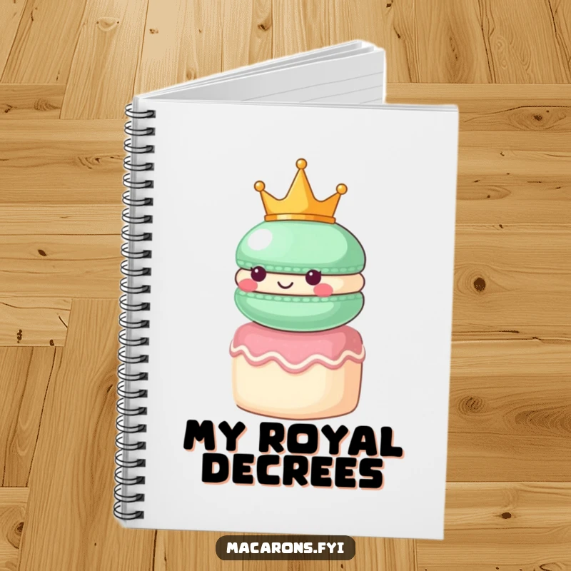 Funny macaron character wearing a small crown, looking regal atop a tiny cake, on the cover of a majestic notebook.