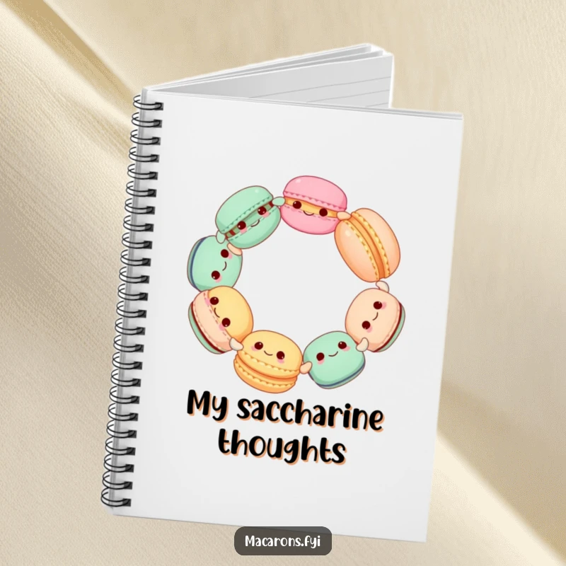 Funny Macaron Circle Notebook, journal with cute macarons holding hands and spinning, ideal for writing down sweet thoughts.
