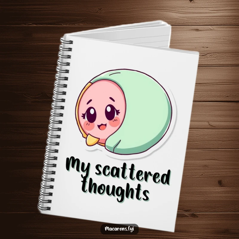 Funny macaron character tumbling with surprised delight, adorning a notebook for cheerful writing.