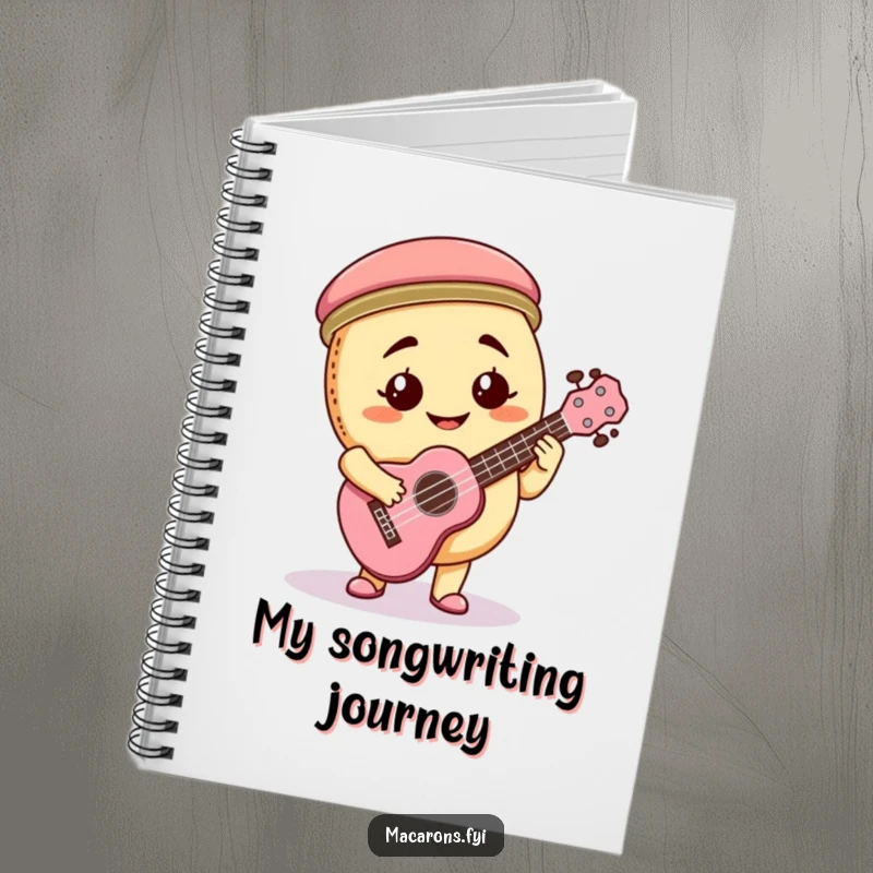 Funny macaron character playing a tiny ukulele with a goofy smile on the cover of a charming notebook.