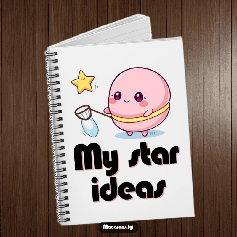 Funny macaron notebook featuring a macaron character with sparkling eyes catching a floating star with a net, ready for your wishes.