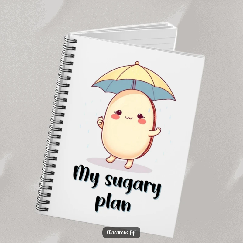 Funny macaron character holding a tiny umbrella, dancing in a sugar shower, ideal for jotting down notes with whimsical, sweet flair.