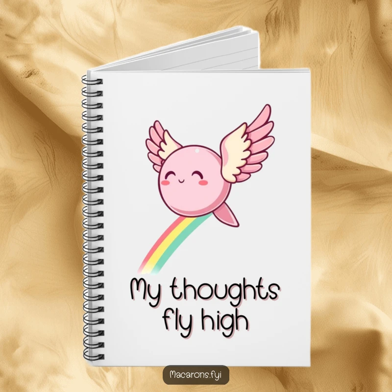Funny Notebook: A macaron with beautiful wings soars through the air, leaving a distinct rainbow trail, ideal for journaling.