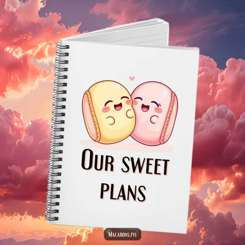 Two funny macaron characters giggling together on the cover of a lined notebook, symbolizing shared joy.