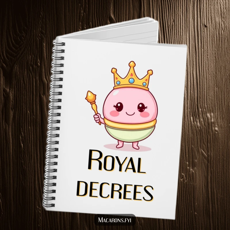Funny macaron character wearing a crown and holding a scepter on a notebook cover, encouraging royal note-taking.