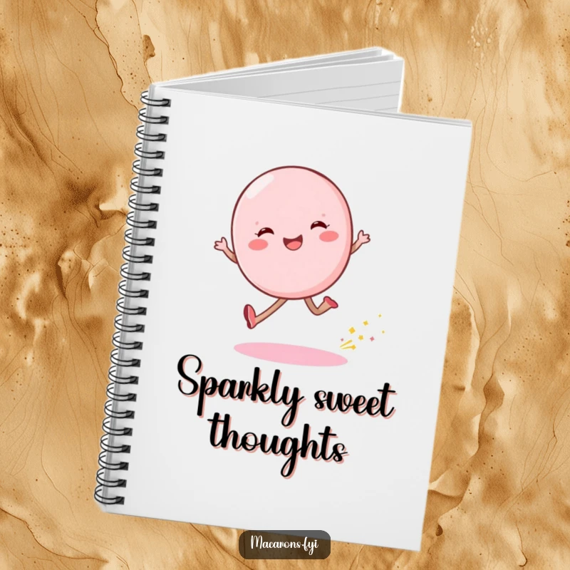 Funny macaron character skipping with a sparkling dust trail on the cover of a charming notebook.