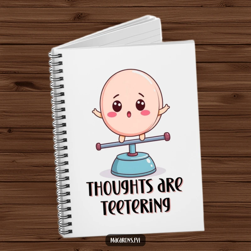 Funny macaron character with surprised expression, balancing on a teeter-totter, lined notebook, awesome funny gift.