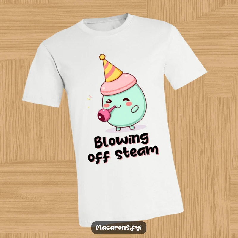 Funny macaron character wearing a party hat, comically blowing a tiny party blower on a t-shirt, joyful celebration.