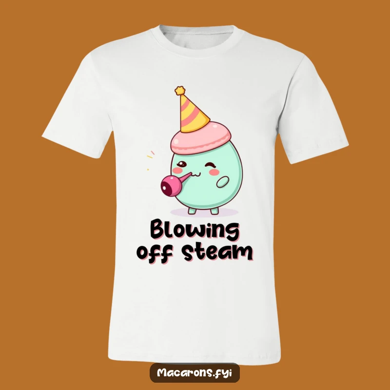 Funny Macaron Party Blower Tee: Comedic Birthday Character T-Shirt for Fun