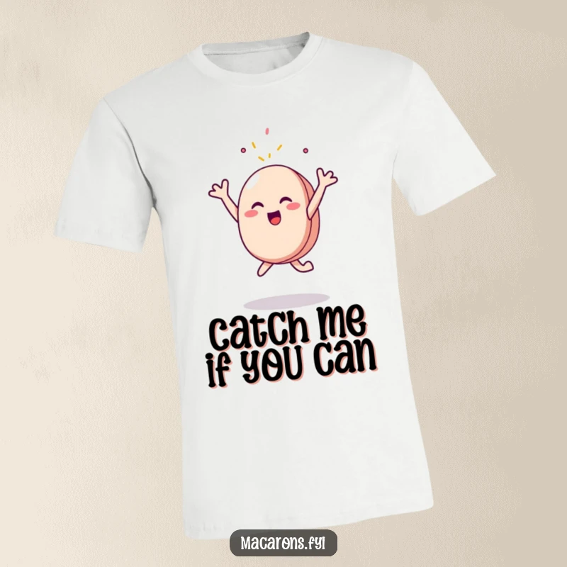 Funny T-Shirt: A cheerful macaron character joyfully leaps, arms reaching for a single falling sprinkle, showcasing a love for sweet treats.