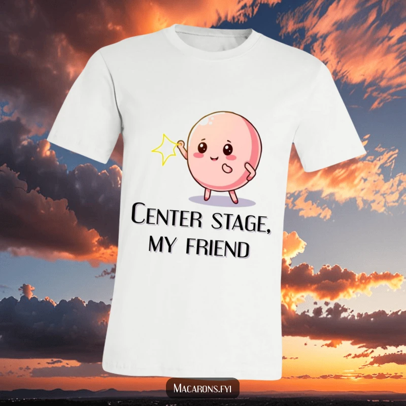 Funny macaron t-shirt showing a character in a dramatic pose under a bright spotlight, full of personality.