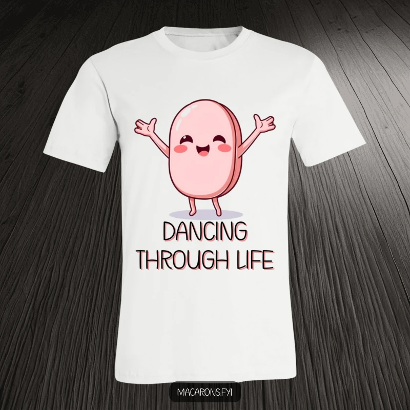 Funny macaron character doing a joyful, wobbly dance with arms outstretched, printed on a fun t-shirt.