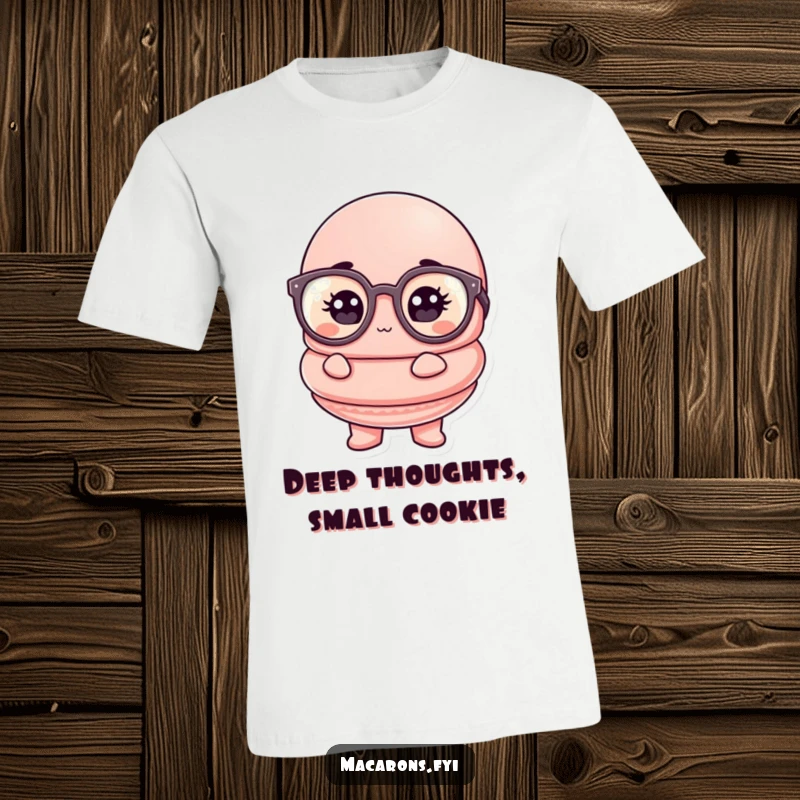Funny macaron t-shirt of a character with oversized glasses, deep in comical thought, a witty design.
