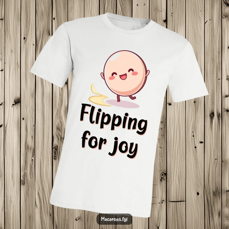 Funny macaron character in mid-cartwheel, leaving a trail of cream, showcasing energetic fun on a humorous t-shirt.
