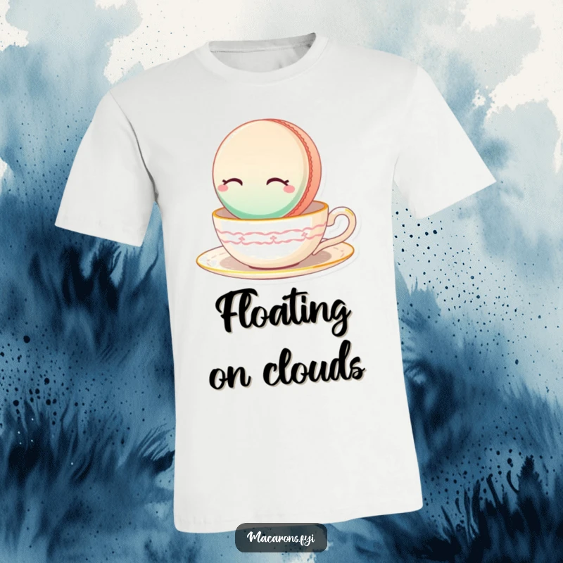 Funny Macaron T-Shirt showing a relaxed macaron serenely floating on the surface of a teacup.