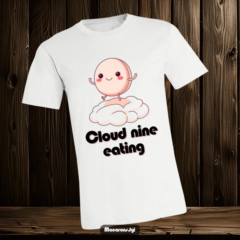 Funny macaron character with tiny legs joyfully bouncing on a cream cloud, printed on a comfortable t-shirt.