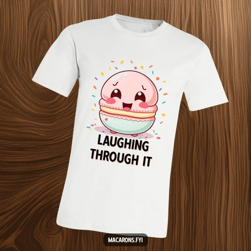 Funny macaron character with eyes wide open laughing, being showered by colorful confetti, printed on a fun t-shirt.