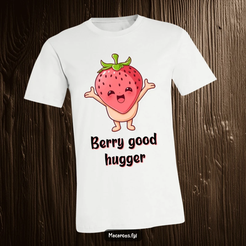 Funny macaron character with arms wide open embracing a giant strawberry, printed on a t-shirt, showing sweet love.