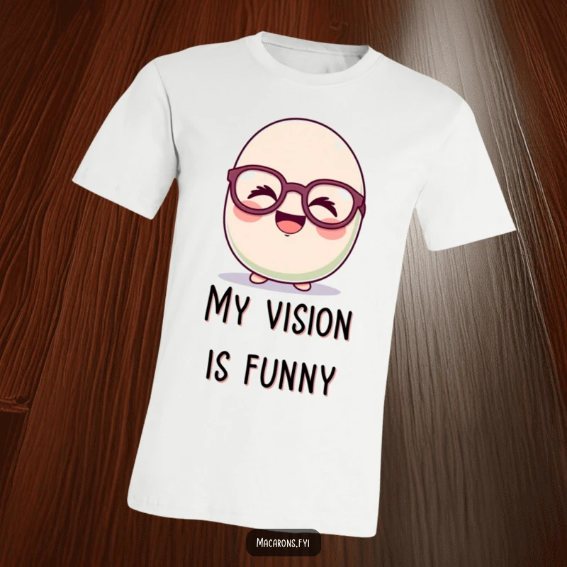 Funny macaron character in hysterics, wearing huge, silly glasses on a comfortable t-shirt, radiating pure amusement.