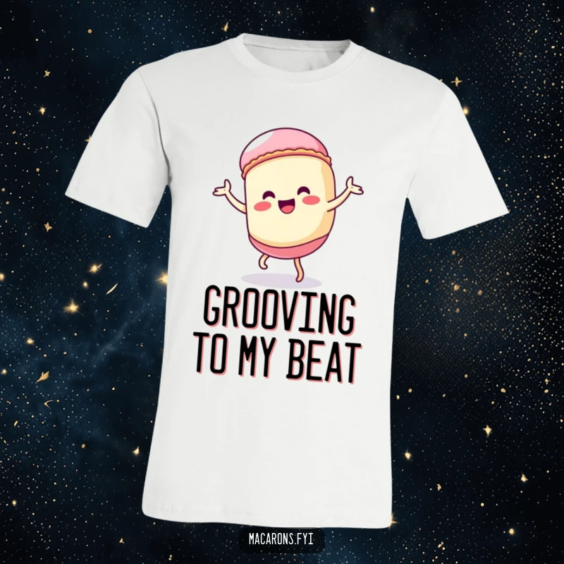 Funny Kawaii macaron character performing an exaggerated, silly dance, full of energy on this humorous t-shirt.