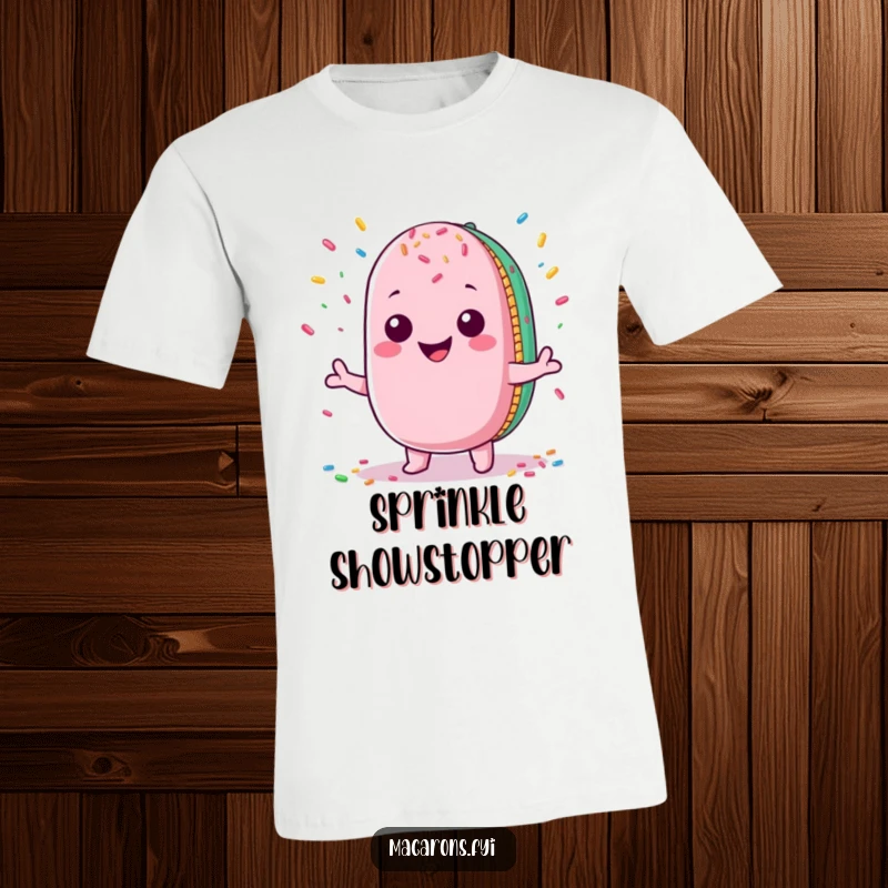 Funny Macaron T-Shirt: Adorable Kawaii macaron character with a big grin juggling a vibrant cascade of colorful sprinkles.