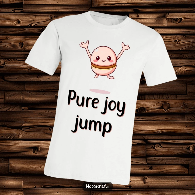 Funny Macaron T-Shirt: Cute Kawaii macaron character leaping joyfully with arms spread wide, radiating pure delight.