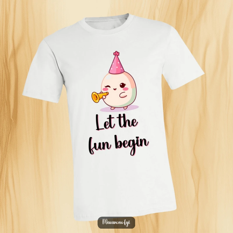 Funny Macaron T-Shirt: Cute Kawaii macaron character in a party hat enthusiastically blowing a small trumpet, ready to celebrate.