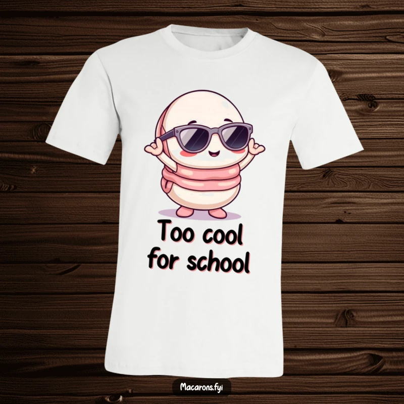 Funny Kawaii macaron character wearing sunglasses and posing confidently, a cool and humorous t-shirt design.