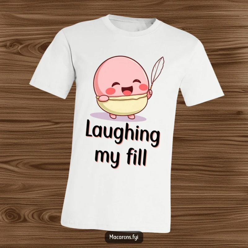 Funny Kawaii macaron character laughing heartily while being tickled by a feather, a hilarious and funny t-shirt.