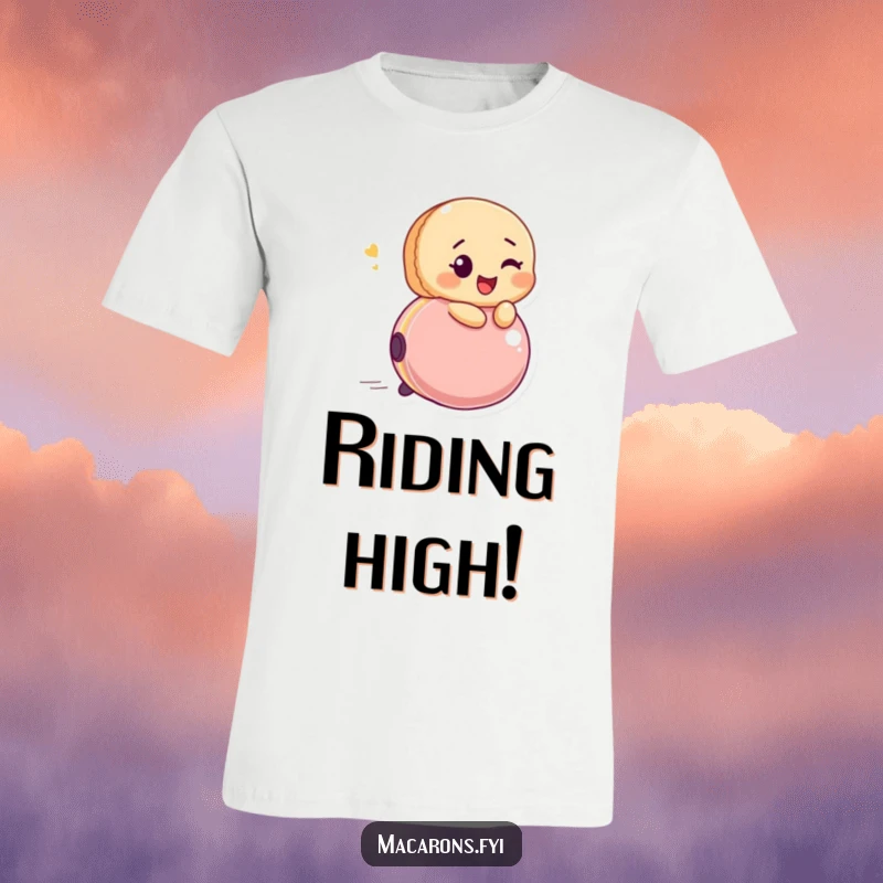 Funny macaron character winking, gleefully riding a bouncing ball, showcasing pure joy and playfulness on a humorous t-shirt.