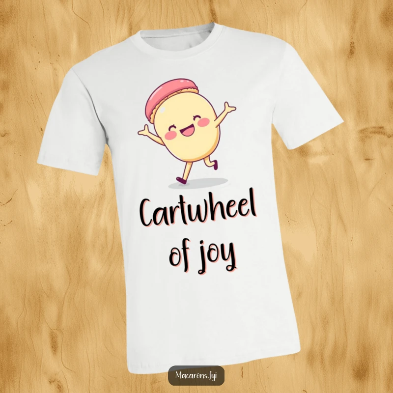 Funny macaron character doing a cartwheel with a wide, happy grin on a t-shirt, radiating pure enthusiasm.