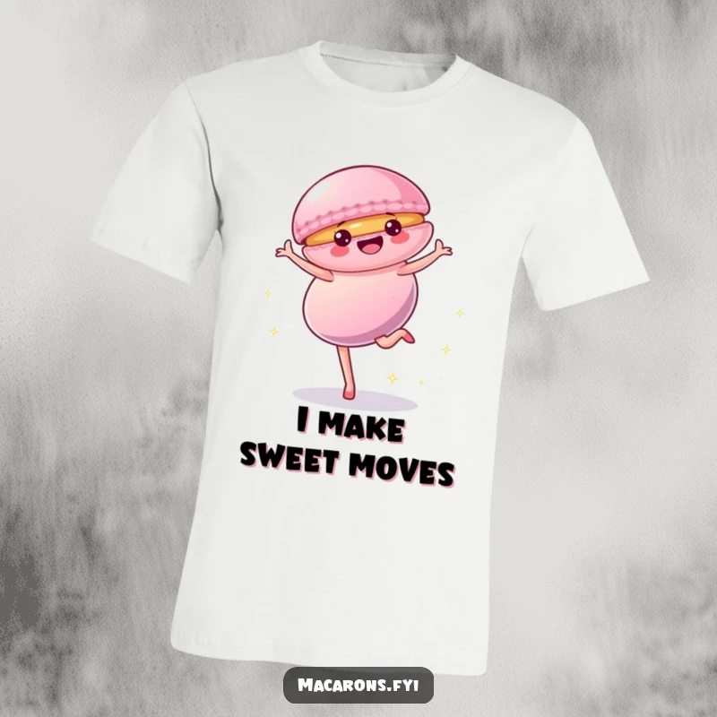 Funny T-Shirt depicting a colorful macaron character mid-cartwheel, surrounded by a trail of playful sparkles, symbolizing fun and energy.
