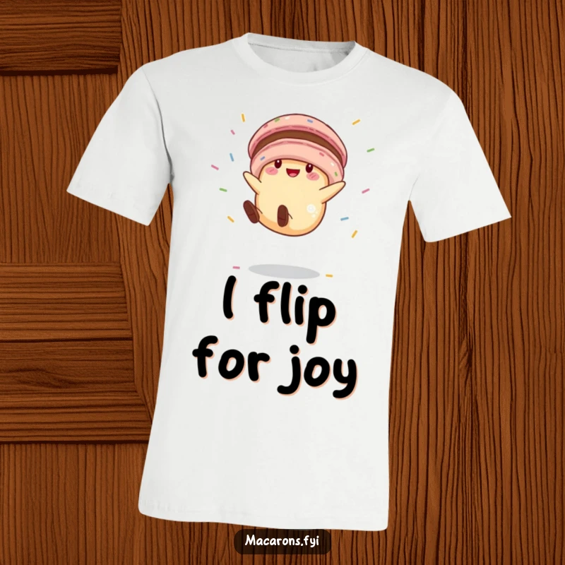 Funny macaron character performing a funny cartwheel, exuding pure happiness and energetic movement, printed on a comfortable t-shirt.