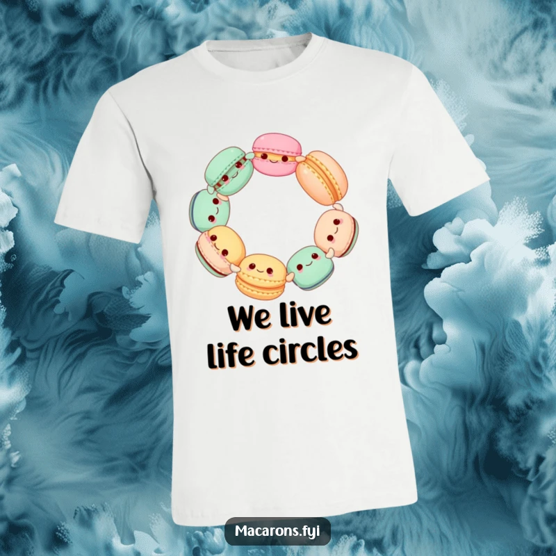 Funny Macaron Circle T-Shirt, group of cute macarons holding hands and spinning happily, conveying pure joy and sweetness.
