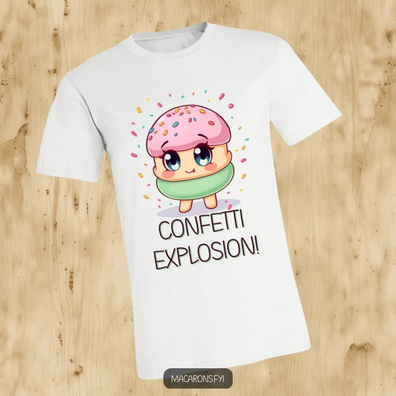 Funny macaron character with wide, excited eyes, covered in colorful confetti, printed on a fun and humorous t-shirt.