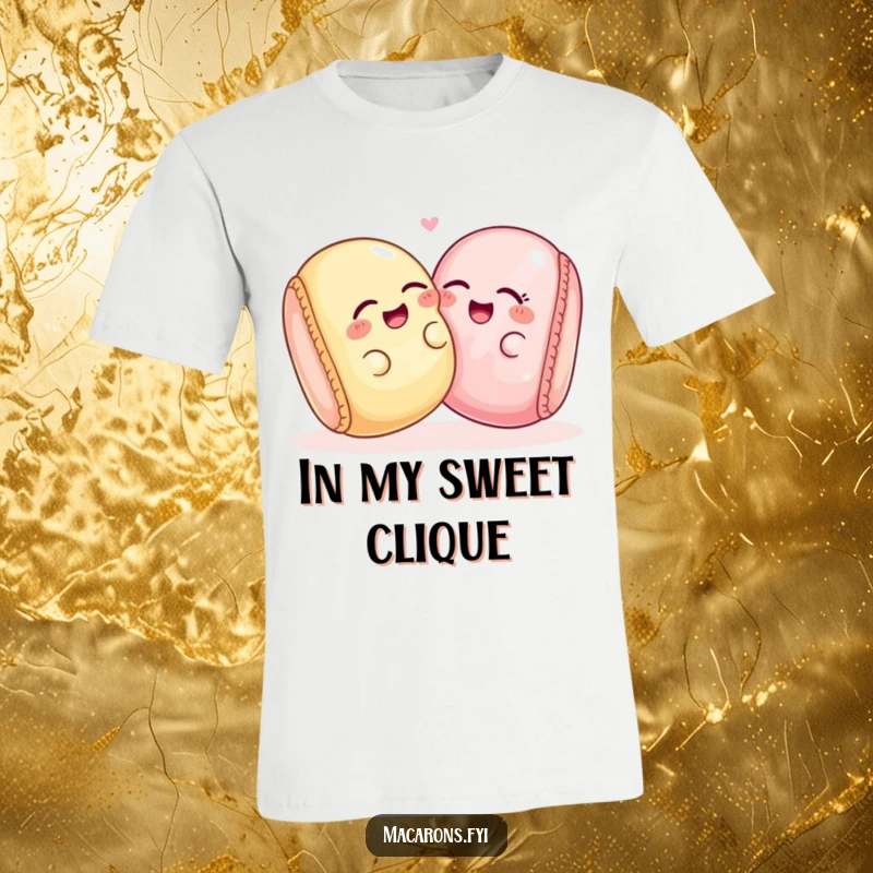 Two funny macaron characters sharing a playful giggle, leaning into each other on a t-shirt, celebrating friendship.