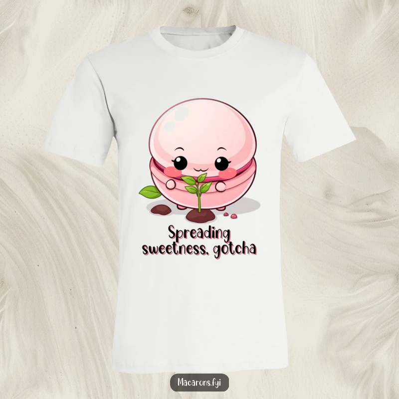 Funny macaron t-shirt showing a mischievous macaron character planting a tiny seed with a big grin.